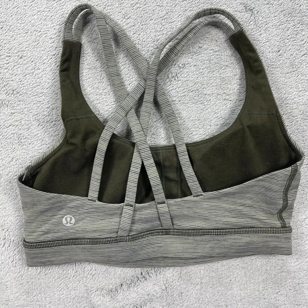 Lululemon Energy Sports‎ Bra Womens 4 Gray Pinstripe Crossback Full Coverage